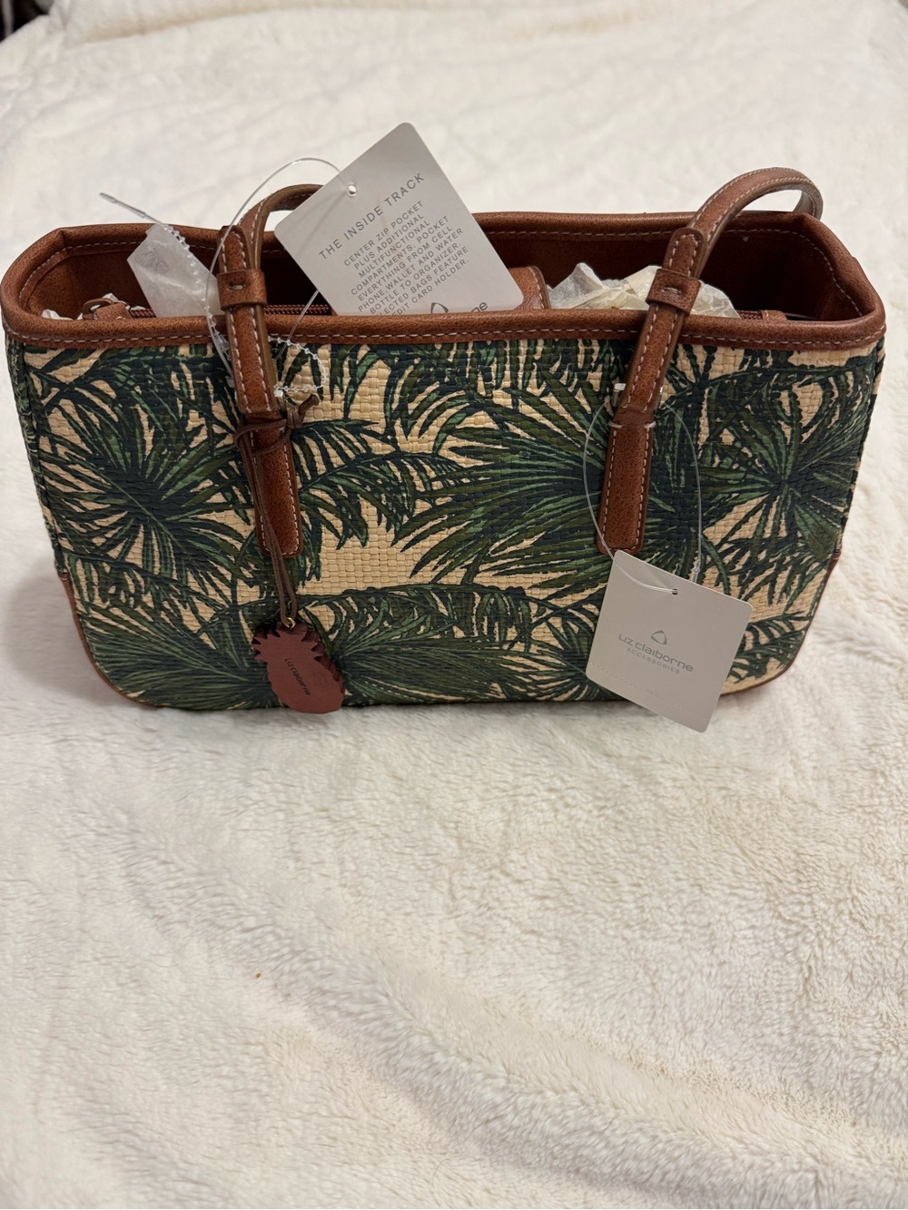 Liz Claiborne Green Palm-Print Tote with Brown Trim